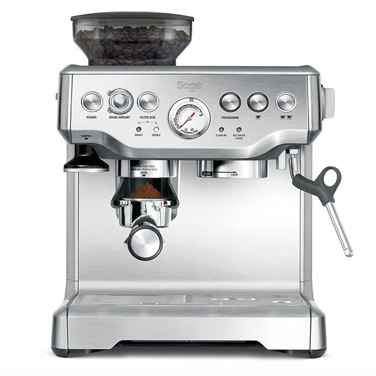 Sage - The Barista Express - Macchina Caffè Espresso con Cono Integrato, Pre-infusione a Bassa Pressione e Lancia Vapore Manuale per il Latte - Acciaio Inox Spazzolato, Lattiera 'Temp Control'