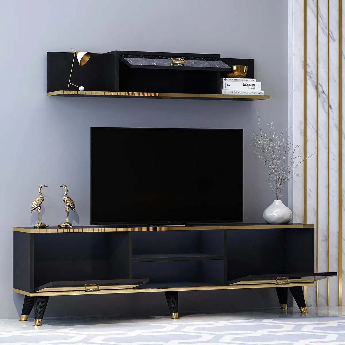 HOMIDEA SOPHIA Set Soggiorno - Parete Attrezzata - Mobile TV Porta con 2 Armadietti per Salotto con mensola da muro in Moderno Design (Nero)