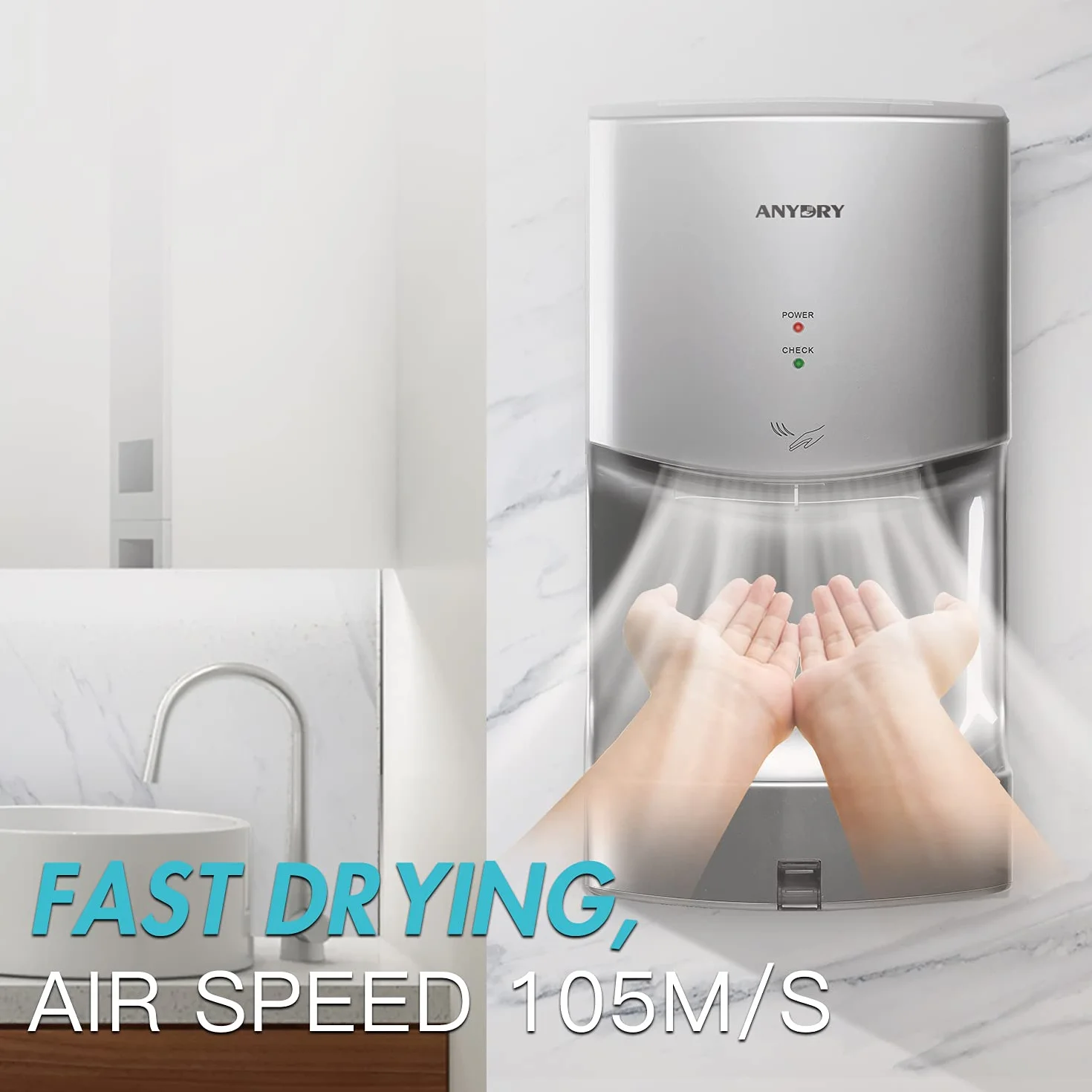 anydry 2630T Professionale Asciugamani ad Aria, a Parete,Automatico Asciugamani Elettrico da Bagno,con vaschetta raccogli Gocce,ABS,1400-1650W.(Argento)