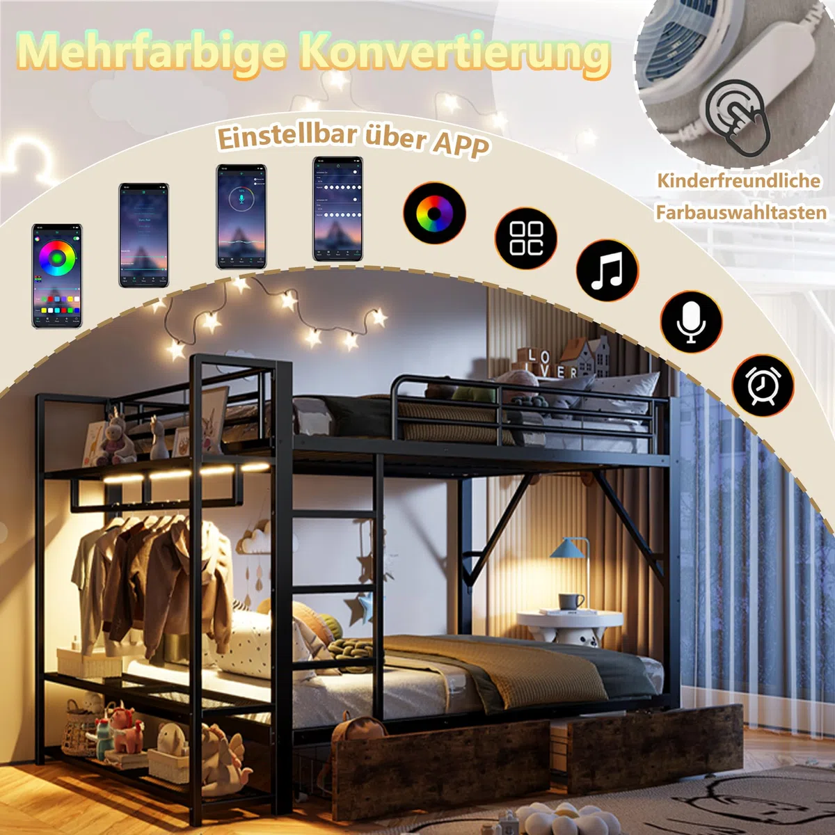 Lettino a soppalco 140 x 200 cm, letto a castello con 2 cassetti e diversi ripiani, con striscia luminosa a LED e asta appendiabiti, telaio in ferro, protezione dalle cadute, senza materasso
