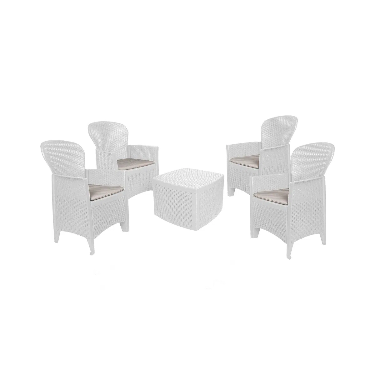 Dmora - Set Salotto da Esterno Anagni, Salottino Outdoor o Indoor, 4 poltrone con braccioli con Un tavolino Contenitore, Made in Italy, Bianco