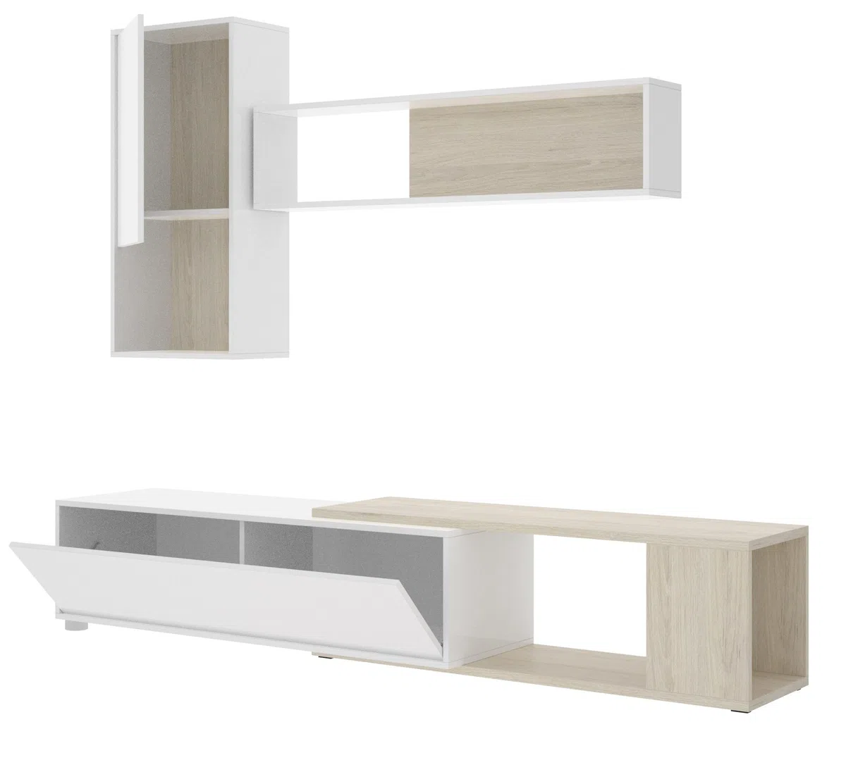Parete attrezzata porta Tv 230 cm Luna Bianco lucido e Rovere Naturale - Bianco e Naturale