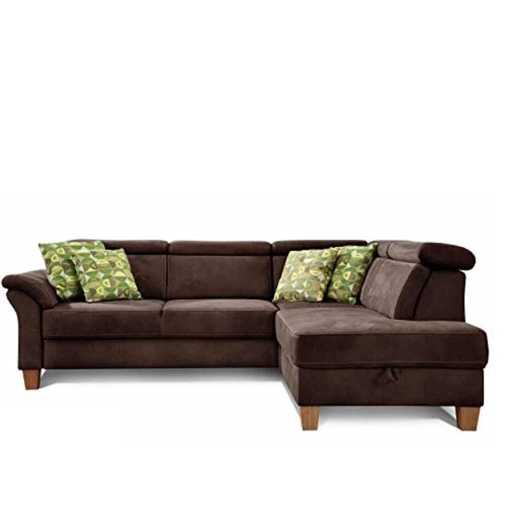 CAVADORE - Divano letto Ammerland con ottomana a destra, in stile country, con poggiatesta regolabile, letto e cassettone, 245 x 84 x 194, effetto pelle, colore: marrone