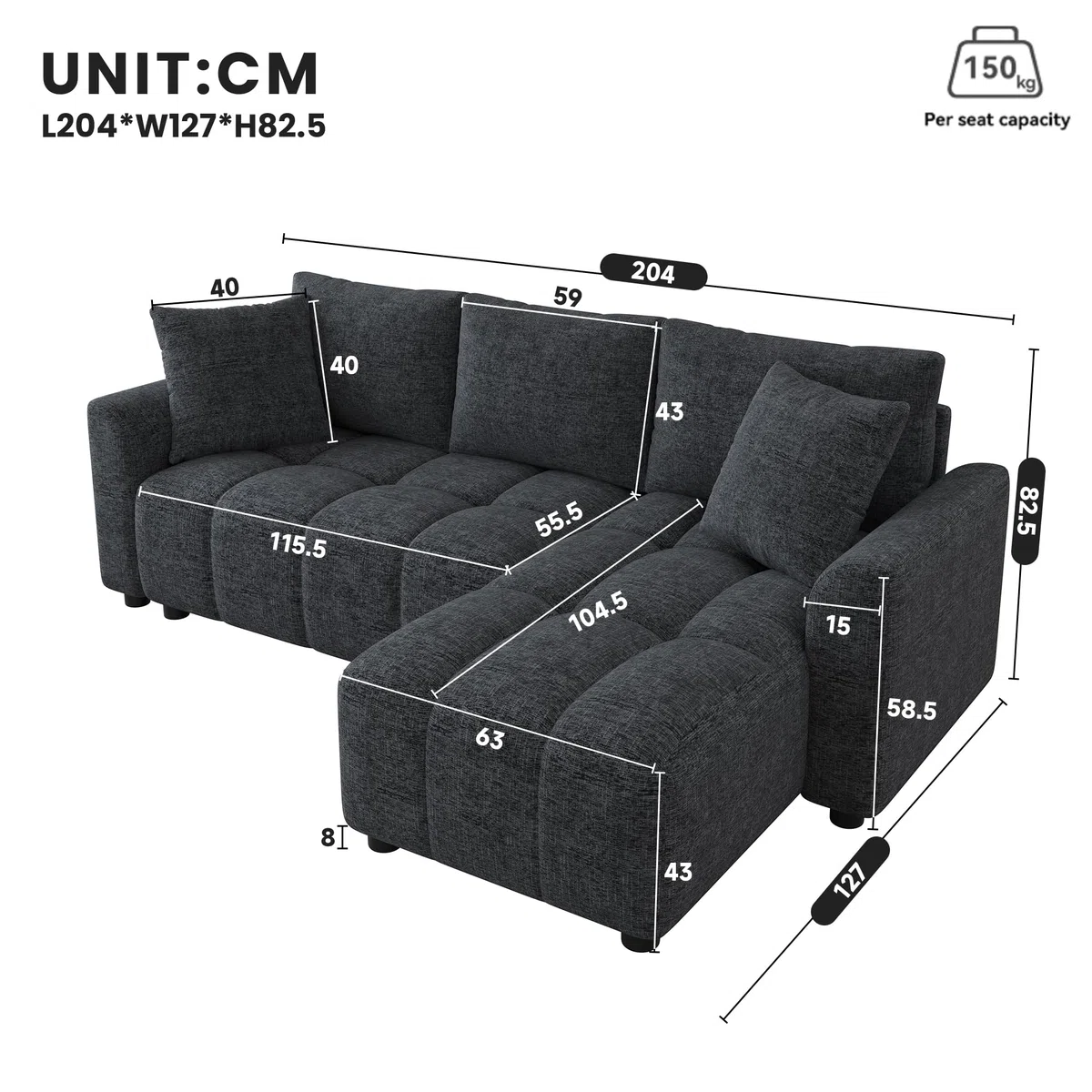 Divano a 3 posti, in ciniglia, grigio, 82,5 x 127 x 204 cm, divano ad angolo trasformabile, a forma di L, con 2 cuscini decorativi, adatto per soggiorno e appartamento