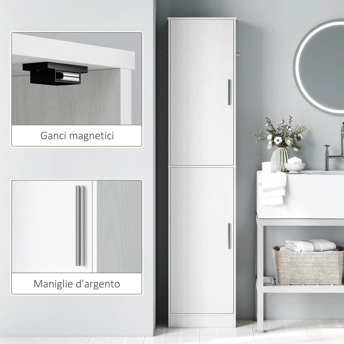 HOMCOM Mobile Bagno con 2 Armadietti e Ante, Colonna Bagno Salvaspazio con Ripiani Regolabili, per Sala da Pranzo, Salotto, Soggiorno, Cucina, 40x35x180 cm, Bianco