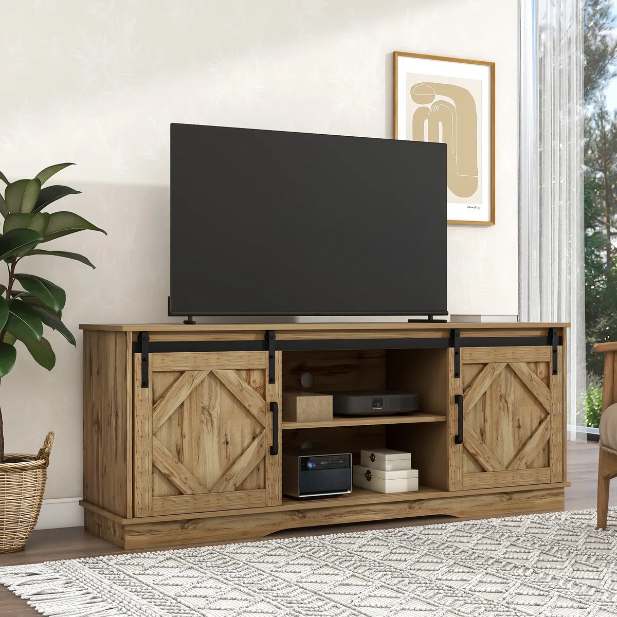 Grande mobile per TV, 150 x 40 x 60 cm, con 2 classiche ante scorrevoli, scaffali regolabili per soggiorno, sala da pranzo, casa di campagna, design moderno (marrone)