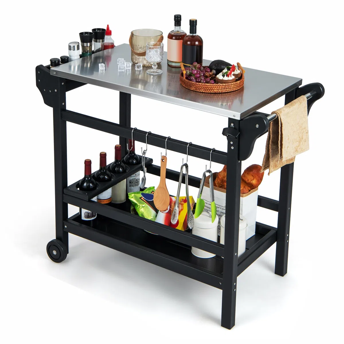 KOMFOTTEU Carrello per barbecue con piano di lavoro in acciaio inox, carrello da giardino in HDPE, carrello da portata con vassoio per spezie, scaffale per bottiglie di vino e gancio