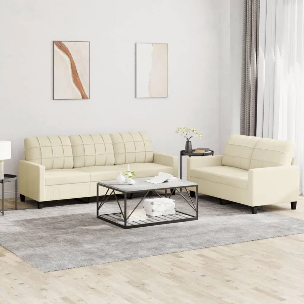 SECOLI Set di divani, 3 posti + 2 posti, 3-2 divani, per soggiorno, divano, lounge, in ecopelle, color crema