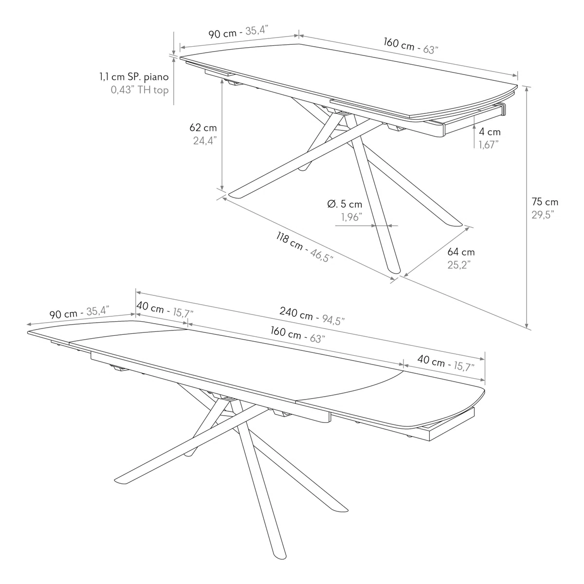 PAZZO DESIGN Tavolo Allungabile Fabiano, Piano Ceramica Bianco Statuario, Gambe in Metallo Tubolari Nere, Cucina, Salotto, Ceramica, 160 x 90 x h75 cm - id_2215