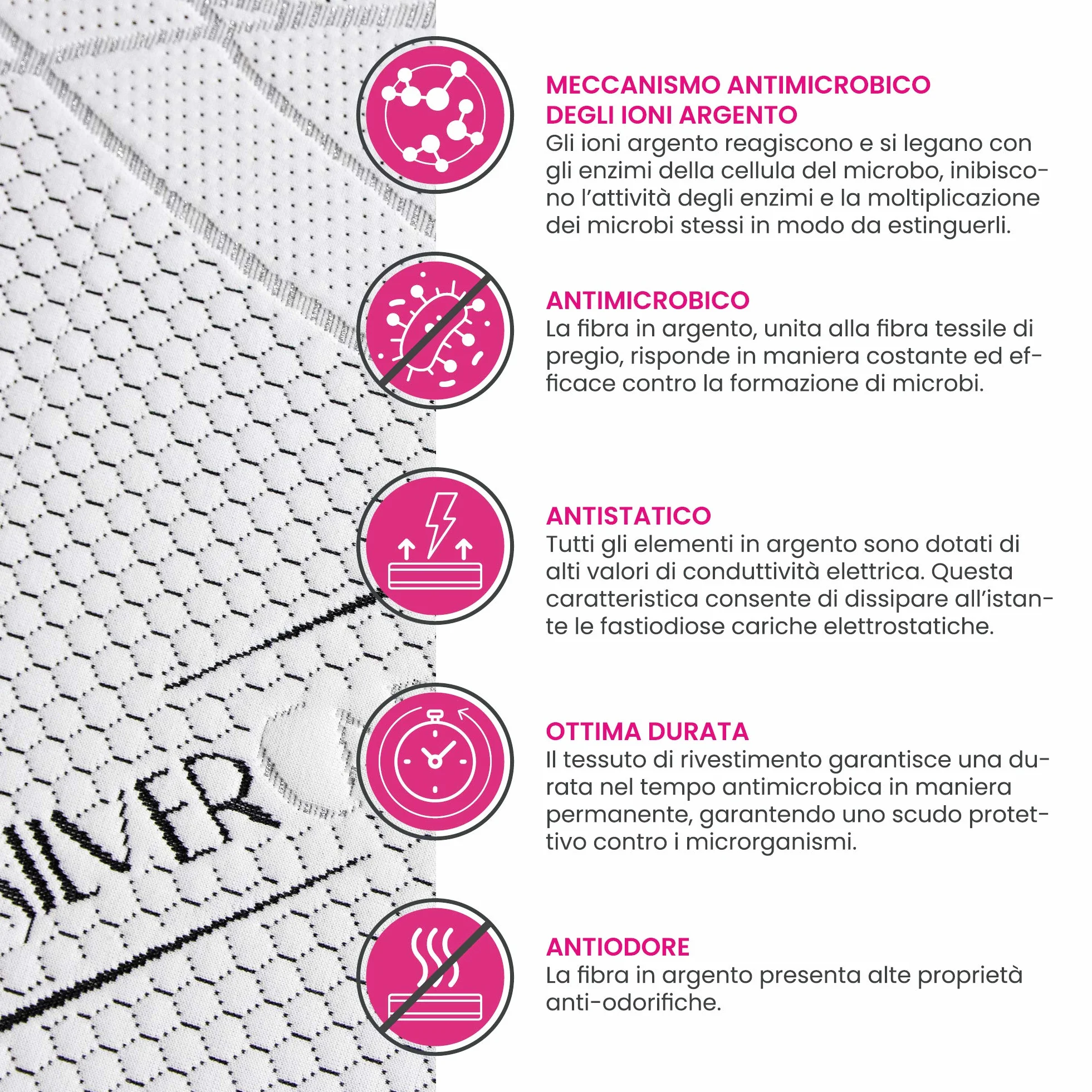 GEEMMA s.r.l. Topper matrimoniale, topper MOLTO RIGIDO 160x200, correttore ortopedico CAUCCIU FOAM H6, Sovra materasso DISPOSITIVO MEDICO DETRAIBILE, tessuto sfoderabile 4 lati in filo in ARGENTO