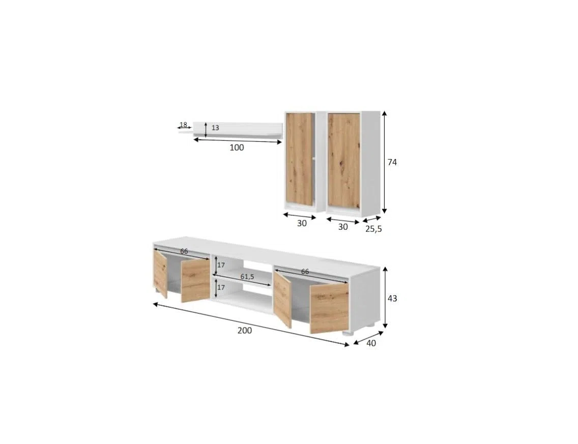 Dmora Parete Attrezzata Wells 40x200x114h cm Bianco 7 Ripiani 6 Ante, 8 Vani