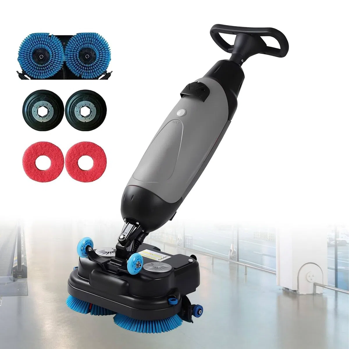 SHAHRYAR Lavasciuga Pavimenti Professionale, 240 Giri/Min, Lavapavimenti Elettrica Leggera, con Larghezza di Pulizia di 17", Doppie Spazzole Rotanti, Testina Rotante a 360°, Copertura 1200 M²/H Gray