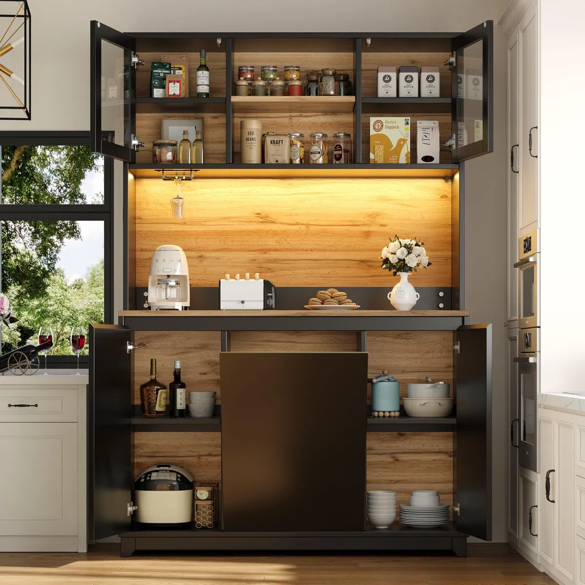 Kebnor Armadietti da Cucina (120 × 40 × 180 cm), alti tavoli da cucina, credenze, armadi da cucina con porte in acrilico e illuminazione LED