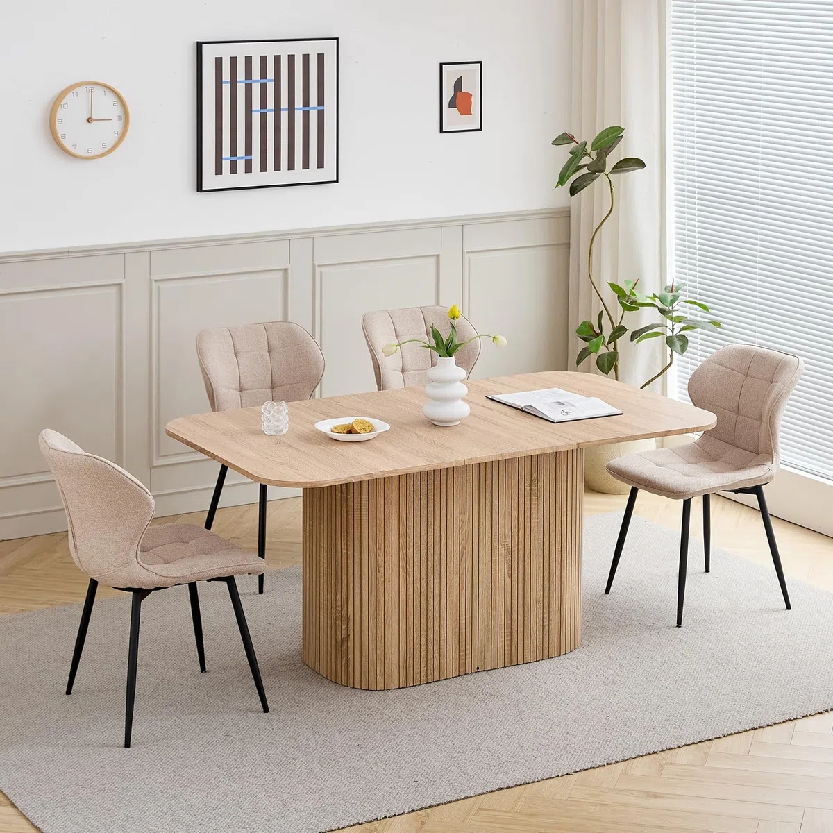 GrandCA HOME Tavolo da Pranzo Rettangolare con Angoli Arrotondati, Tavolo da Pranzo Moderno Cucina da 160 cm con Base in Legno, Ampio Piano di Lavoro in MDF, per 4-8 Persone, Venature del Legno Chiaro