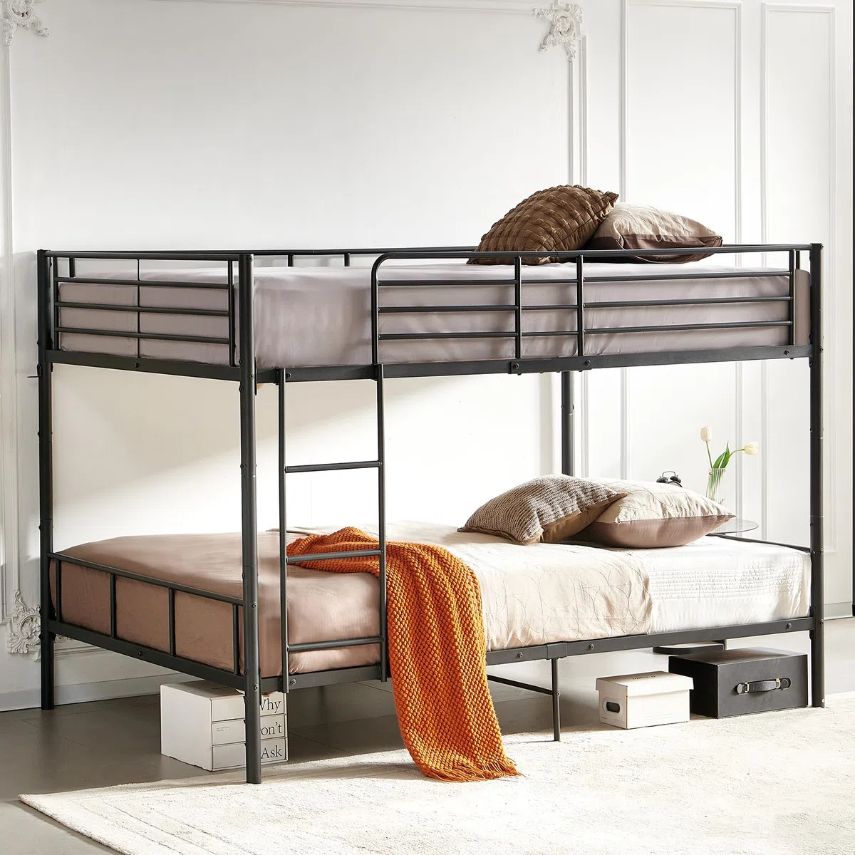 DORAFAIR Letto a Castello 90 x 200 cm in Metallo, con Rete a Doghe, con Scaletta e Protezione da Caduta, Letto a Castello Singolo, Nero