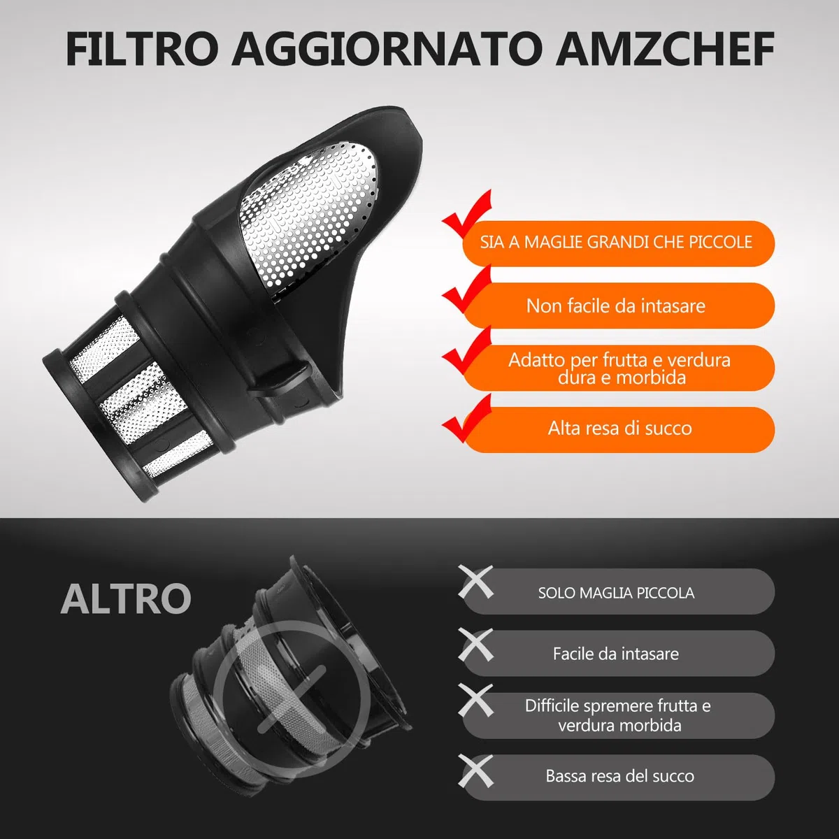 AMZCHEF Estrattore Frutta e Verdura - 80MM Grande Apertura per Frutta Intera - Estrattore Frutta e Verdura Professionale con Modalità a 2 Velocità e Funzione Inversa - Argento