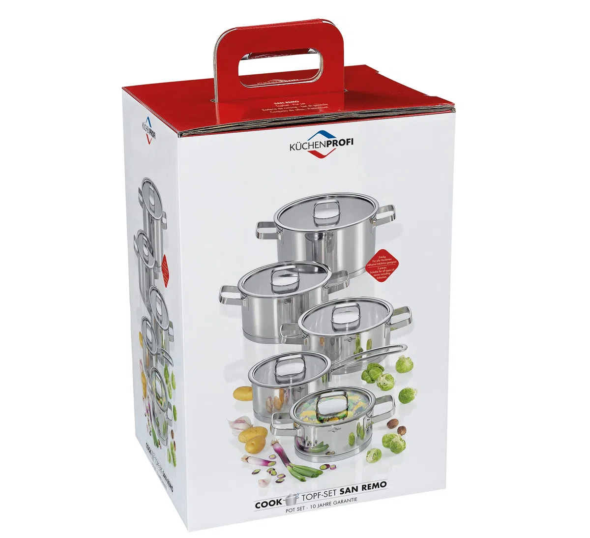 Küchenprofi SANREMO - Set di 5 pentole con coperchio in vetro, adatta a tutti i piani cottura (induzione inclusa), bilancia graduata, manici isolanti termicamente, coperchio in vetro di sicurezza,