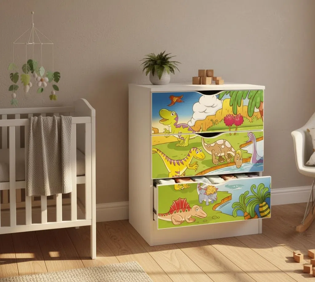 leomark cassettiera in legno 60 x 42 x 78 cm, comò con cassetti Roma, armadietto per camera da letto casa, scuola materna, asilo nido, stile scandinavo, mobiletto con stampa UV Dinosauri