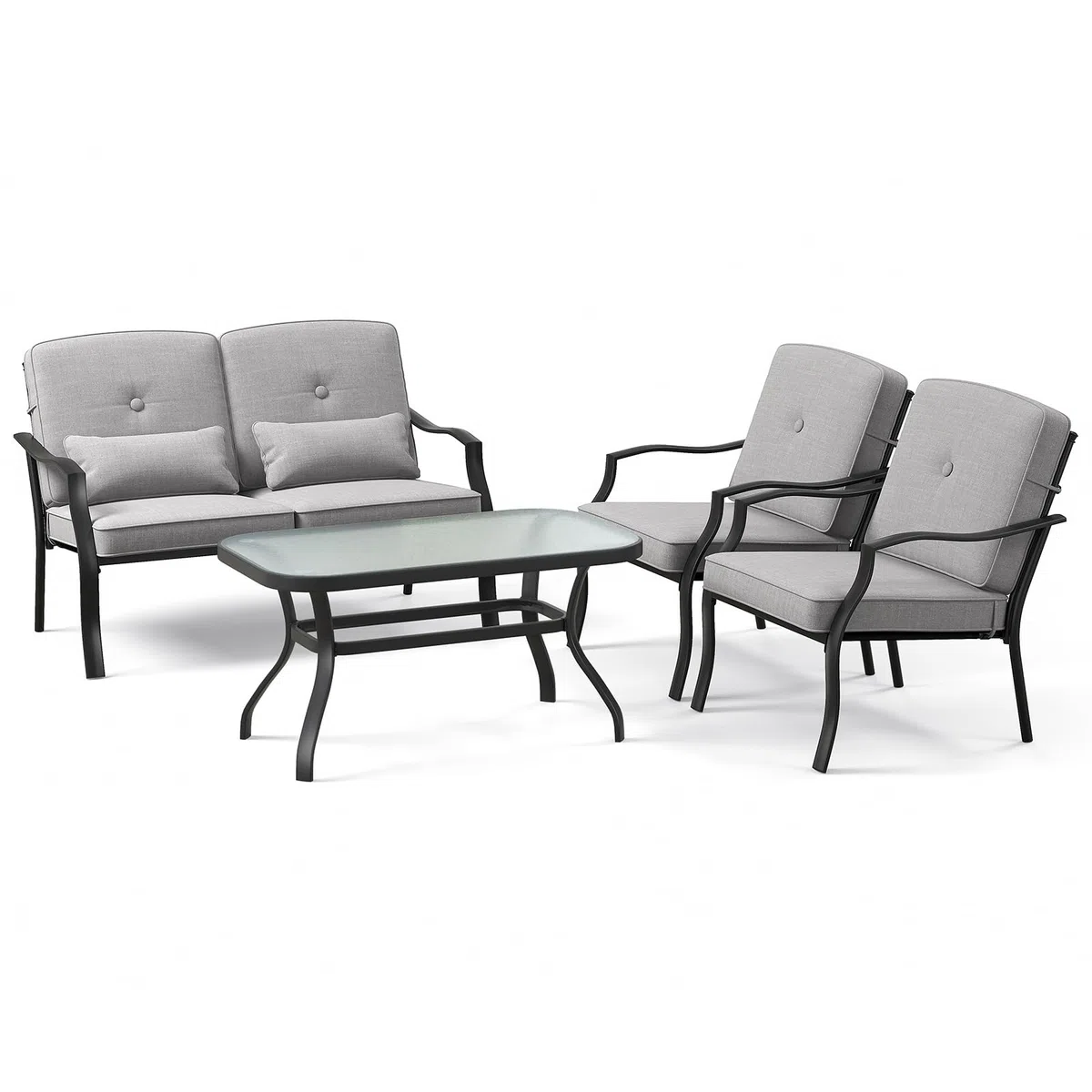 GYMAX Set di Mobili, 1 Tavolino in Vetro Temperato, 2 Poltrone e 1 Divano, Telaio in Metallo, con Cuscino, Aspetto Moderno per Soggiorno, Giardino, Grigio (Grigio)
