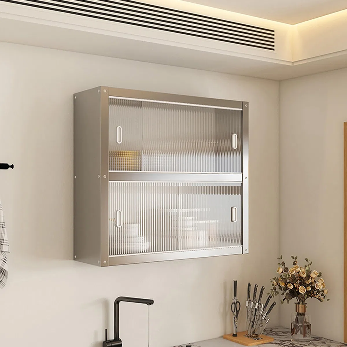 Scaffale portaoggetti da cucina in acciaio inox a parete,a uno o due strati,mobiletto a, sospeso a, con ante scorrevoli(70 * 30 * 70cm/27.6 * 11.8 * 27.6in)