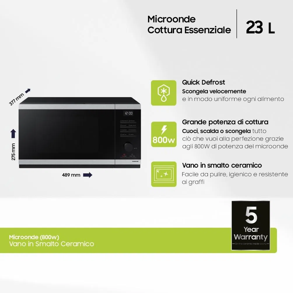Samsung Forno a Microonde Cottura Essenziale MS23DG4504ATE, Home Dessert, Quick Defrost, Capacità: 23L, Colore: Nero, LxAxP: 48,9 x 27,5 x 37,7