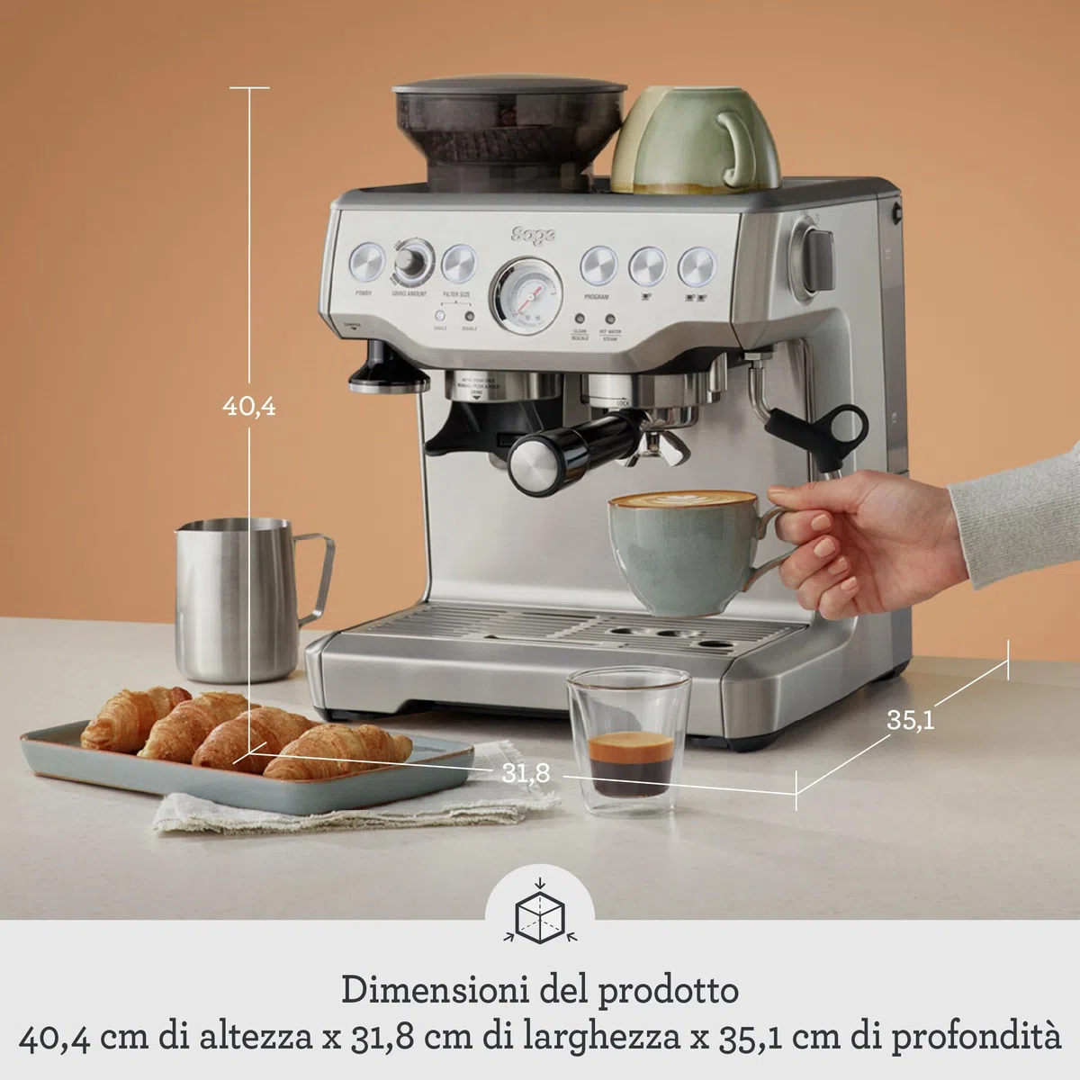 Sage - The Barista Express - Macchina Caffè Espresso con Cono Integrato, Pre-infusione a Bassa Pressione e Lancia Vapore Manuale per il Latte - Acciaio Inox Spazzolato, Lattiera 'Temp Control'
