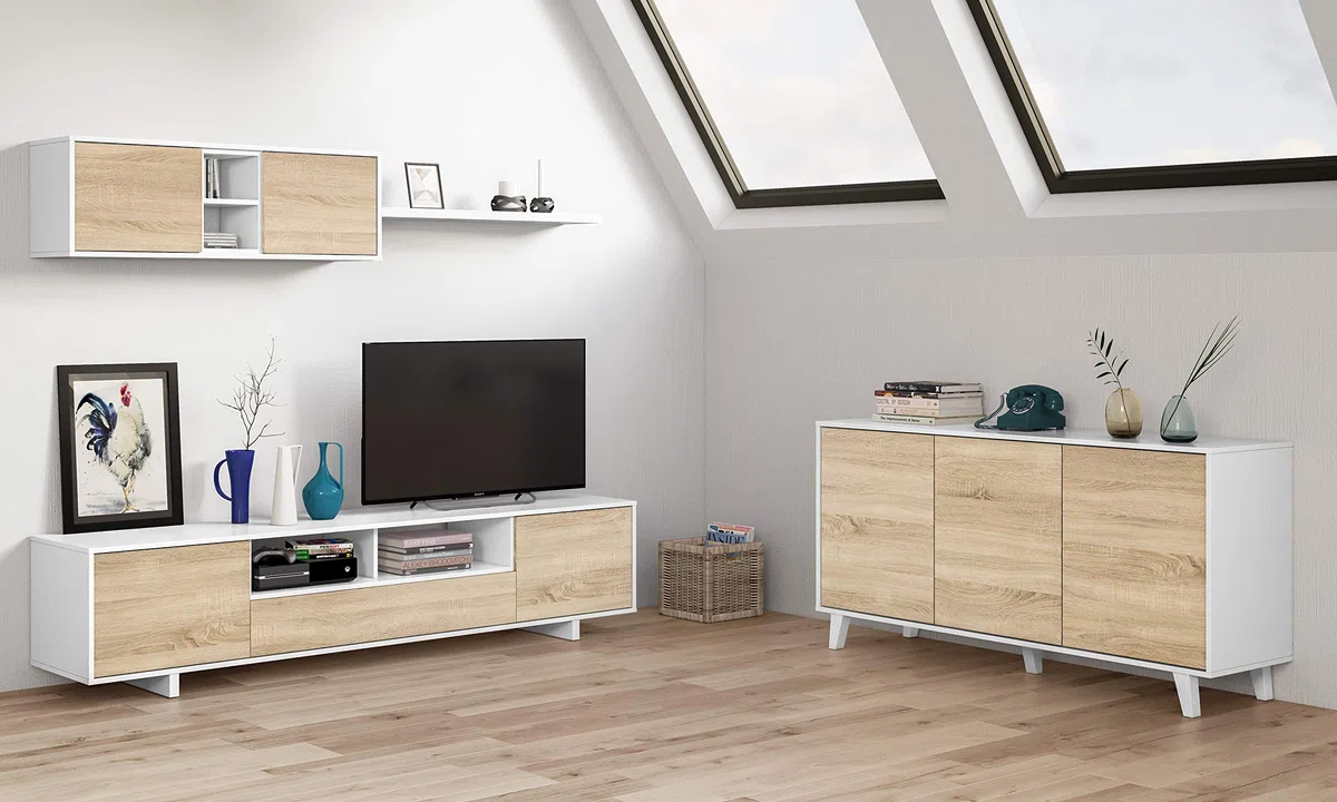 Arreditaly Parete Attrezzata Nottingham Mobile Soggiorno TV con Ripiani, Ante E Mensola Ideale per Salotto Legno Base Televisione Sala da Pranzo Design Moderno 200 x 41 x 46 cm Colore Bianco e Rovere