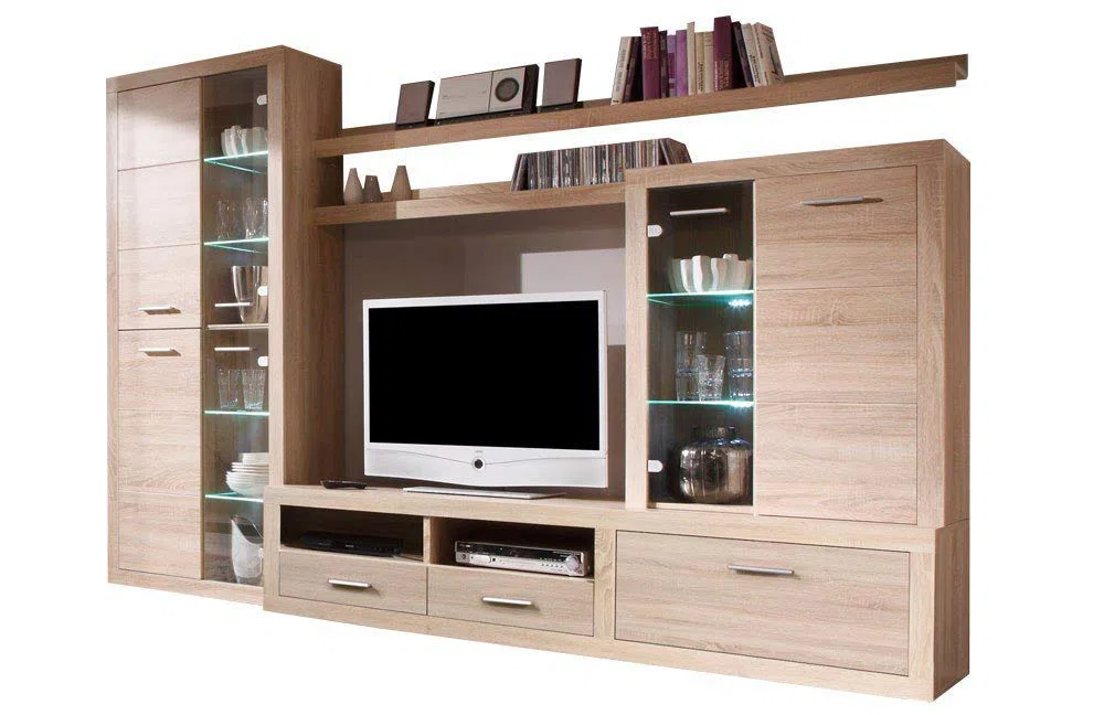 AVANTI TRENDSTORE - Cougar - Parete da soggiorno in laminato di quercia Sonoma, illuminazione LED compresa, dimensioni: LAP 285x195x40 cm