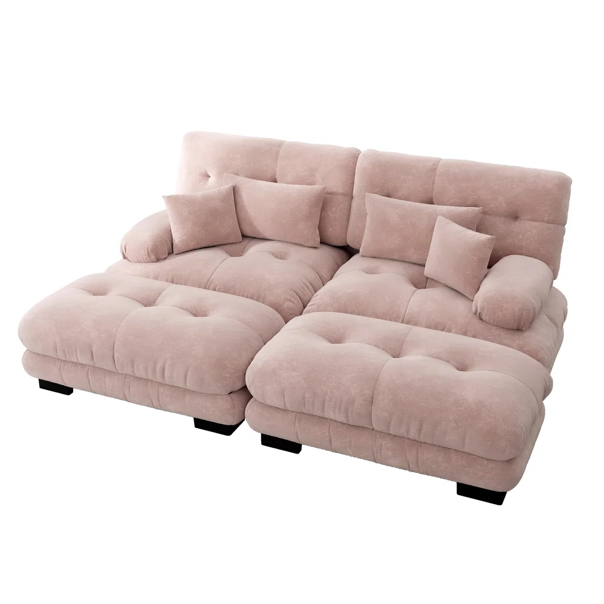 Cloud Divano angolare in ciniglia, 2 cuscini lombari, 2 cuscini decorativi, divano imbottito con braccioli larghi, 2 ottomani ciniglia rosa per soggiorno