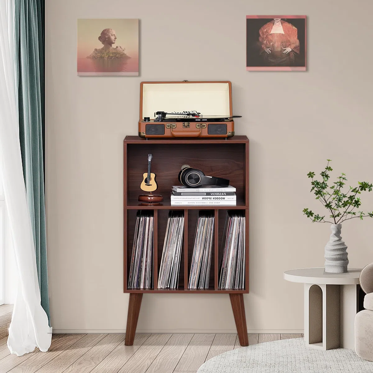 LELELINKY Supporto per giradischi, offre spazio fino a 160 album, supporto in vinile Mid-Century, tavolo con gambe in legno, noce