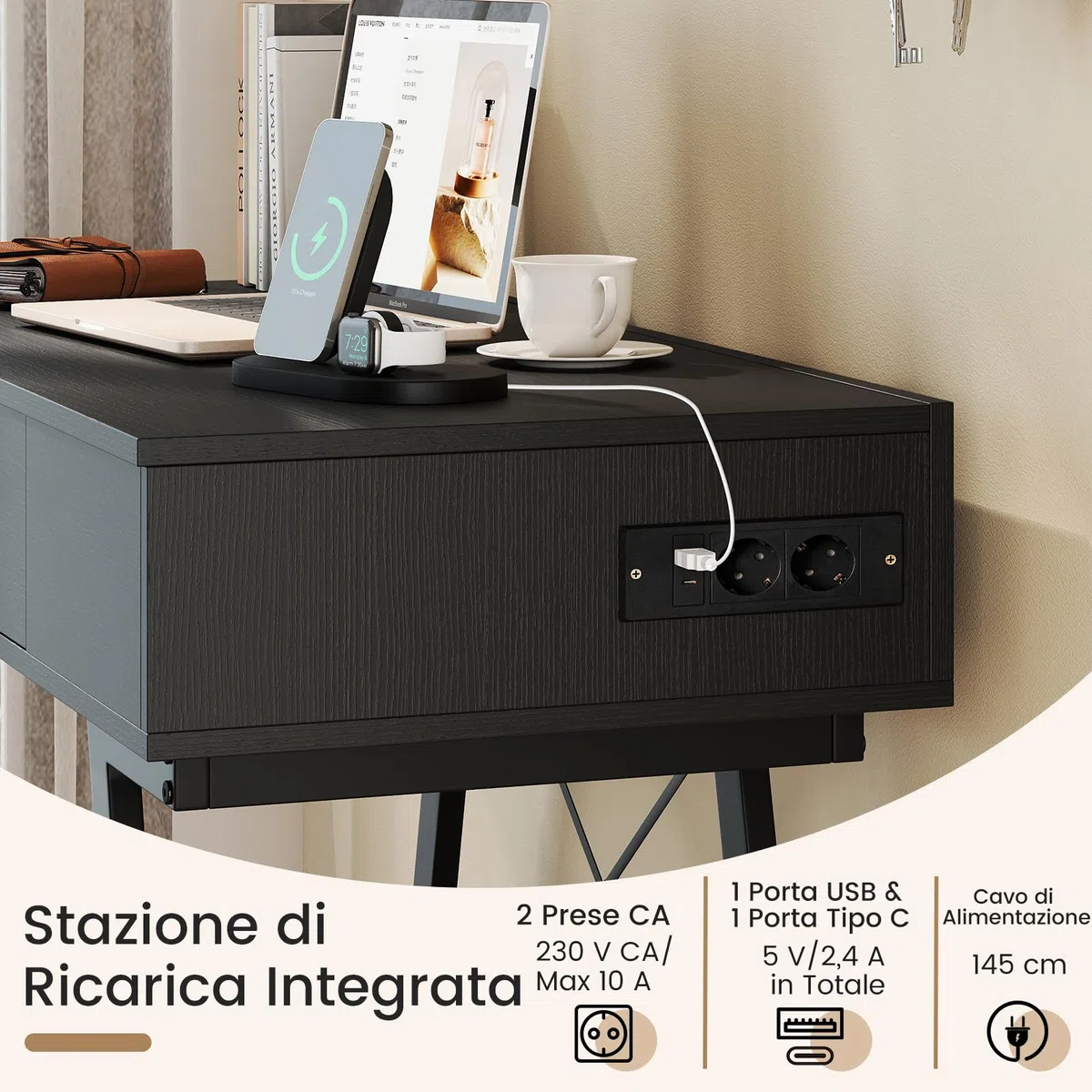 COSTWAY 2 in 1 Tavolo da Trucco Pieghevole, Tavolo da Toeleta con Specchio a Ribalta, Stazione di Ricarica, 6 Scomparti, Cassetto, Piano di Lavoro, per Soggiorno Camera da Letto (Nero)