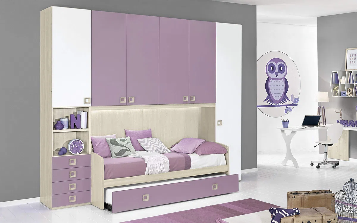 Dafne Italian Design Cameretta Completa a Ponte - Effetto Betulla, Bianco, Quarzo (Doppio Letto Singolo e Armadio) (cm. 300 x 96 x 259h)
