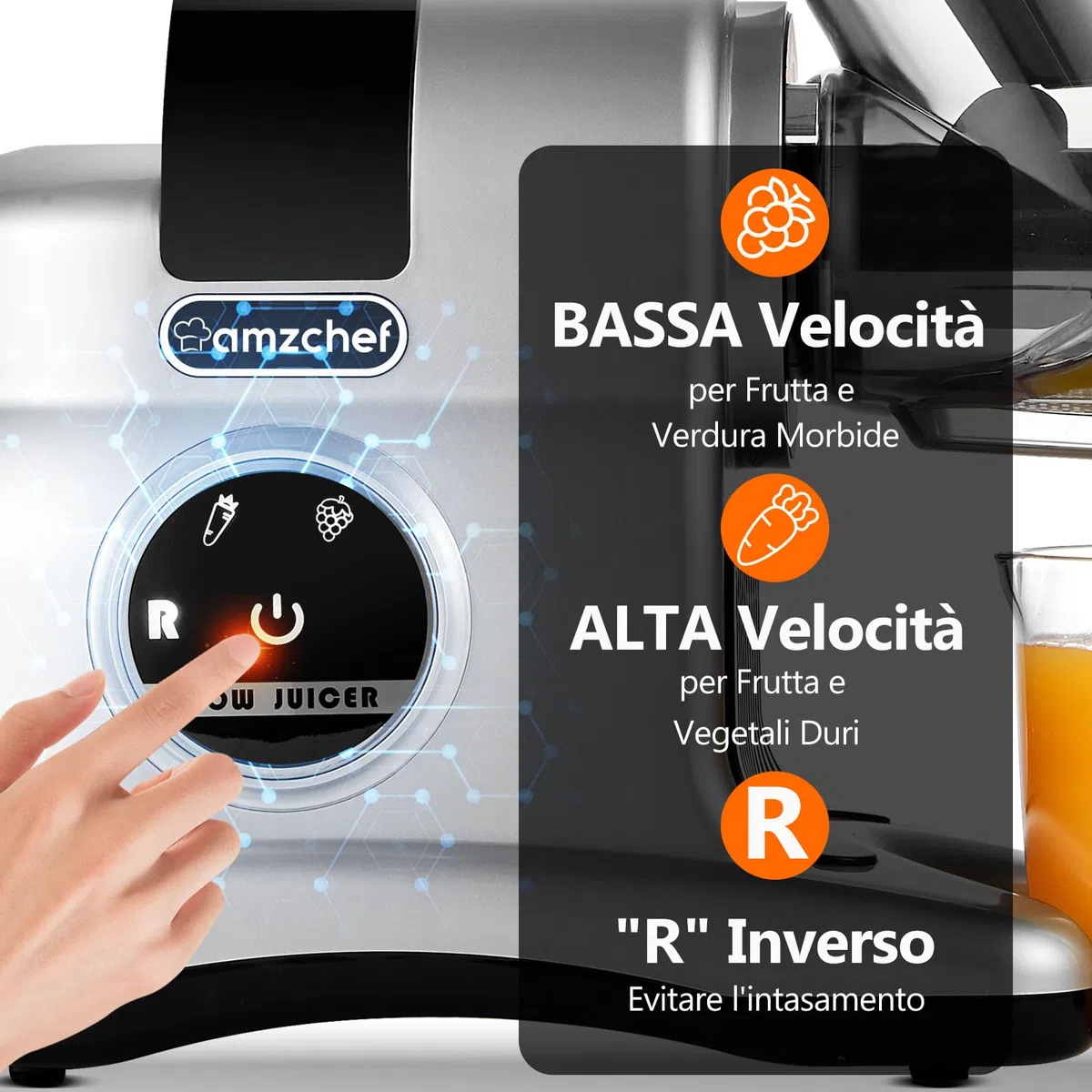 AMZCHEF Estrattore Frutta e Verdura - 80MM Grande Apertura per Frutta Intera - Estrattore Frutta e Verdura Professionale con Modalità a 2 Velocità e Funzione Inversa - Argento