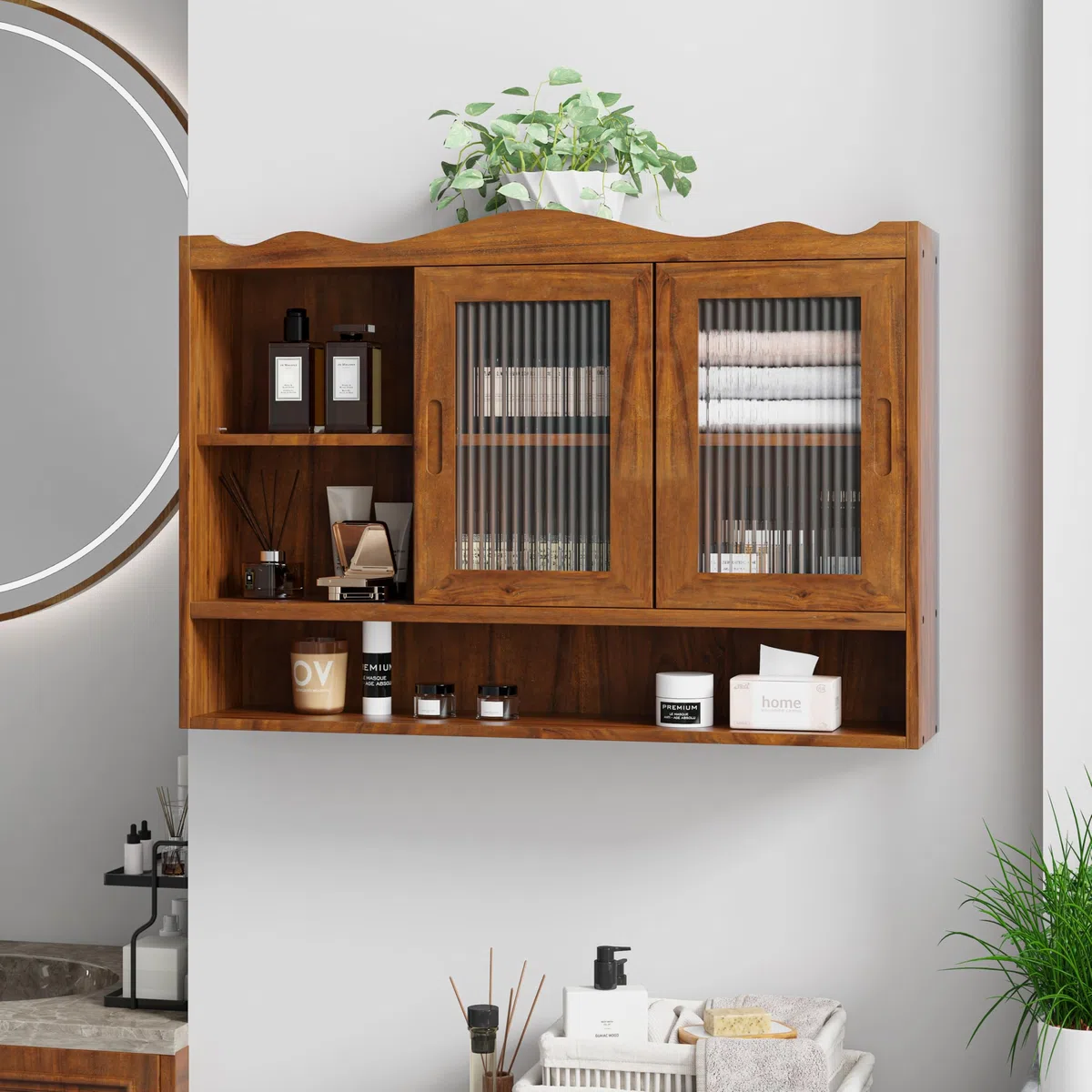 Vetrina sospesa da 90 cm, pensile da cucina, shabby chic, con 2 ante e tre ripiani, pensili da cucina, adatto per bagni, cucine e sala da pranzo (marrone)