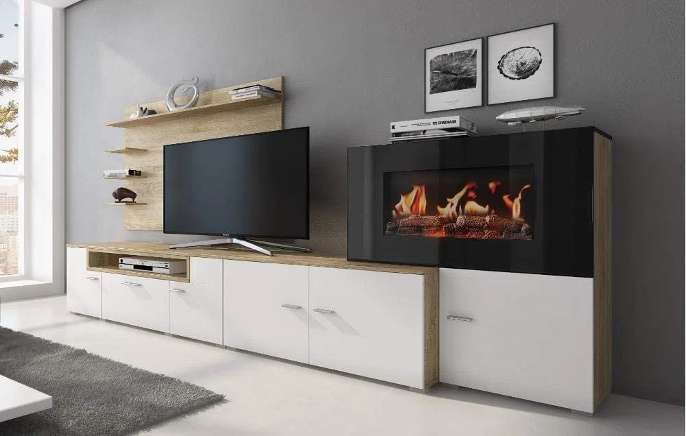 Skraut Home - Mobile da Soggiorno con Camino Elettrico a 5 Livelli di Fiamme, Colore Rovere Chiaro Spazzolato e Bianco Opaco, 290x170x45 cm