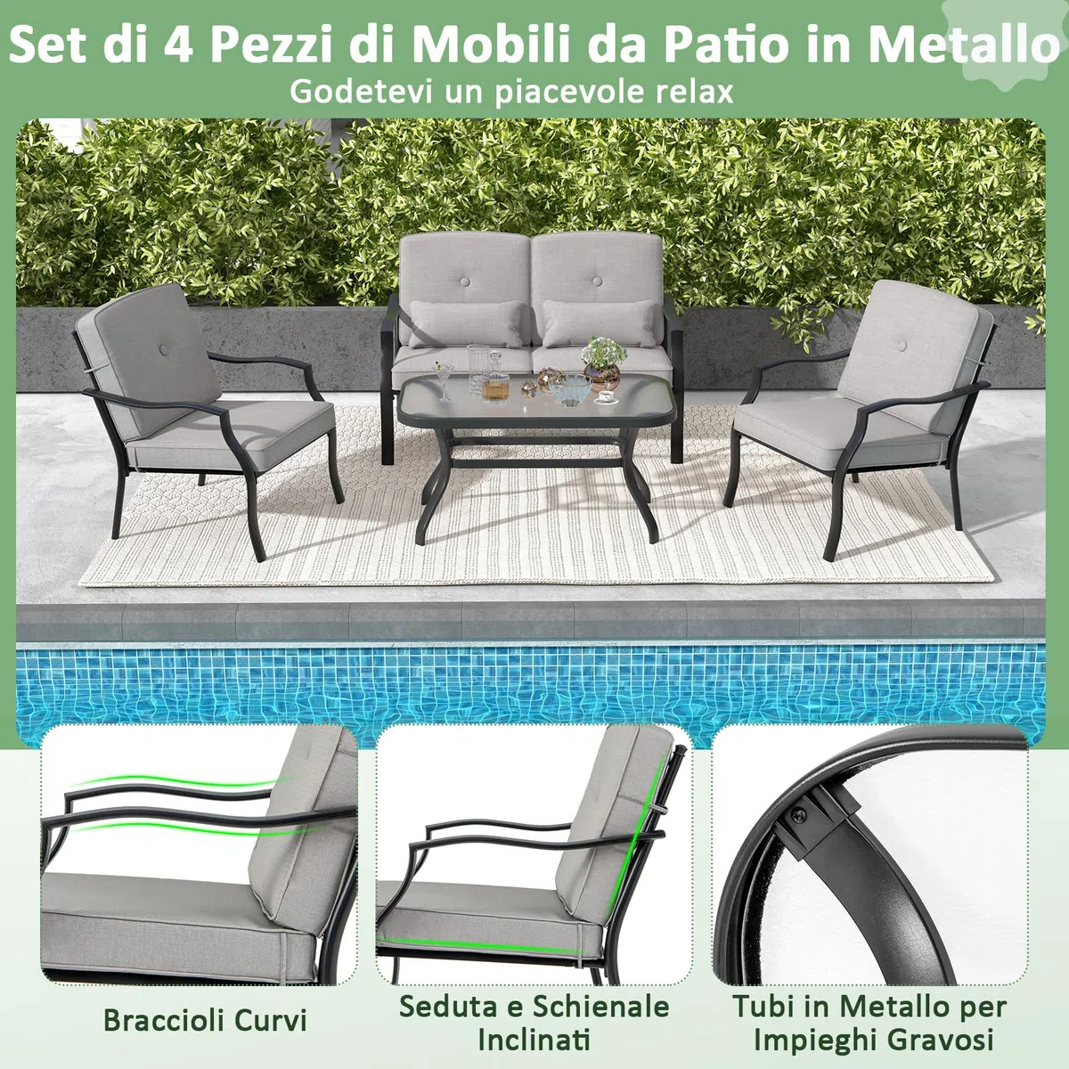 GYMAX Set di Mobili, 1 Tavolino in Vetro Temperato, 2 Poltrone e 1 Divano, Telaio in Metallo, con Cuscino, Aspetto Moderno per Soggiorno, Giardino, Grigio (Grigio)
