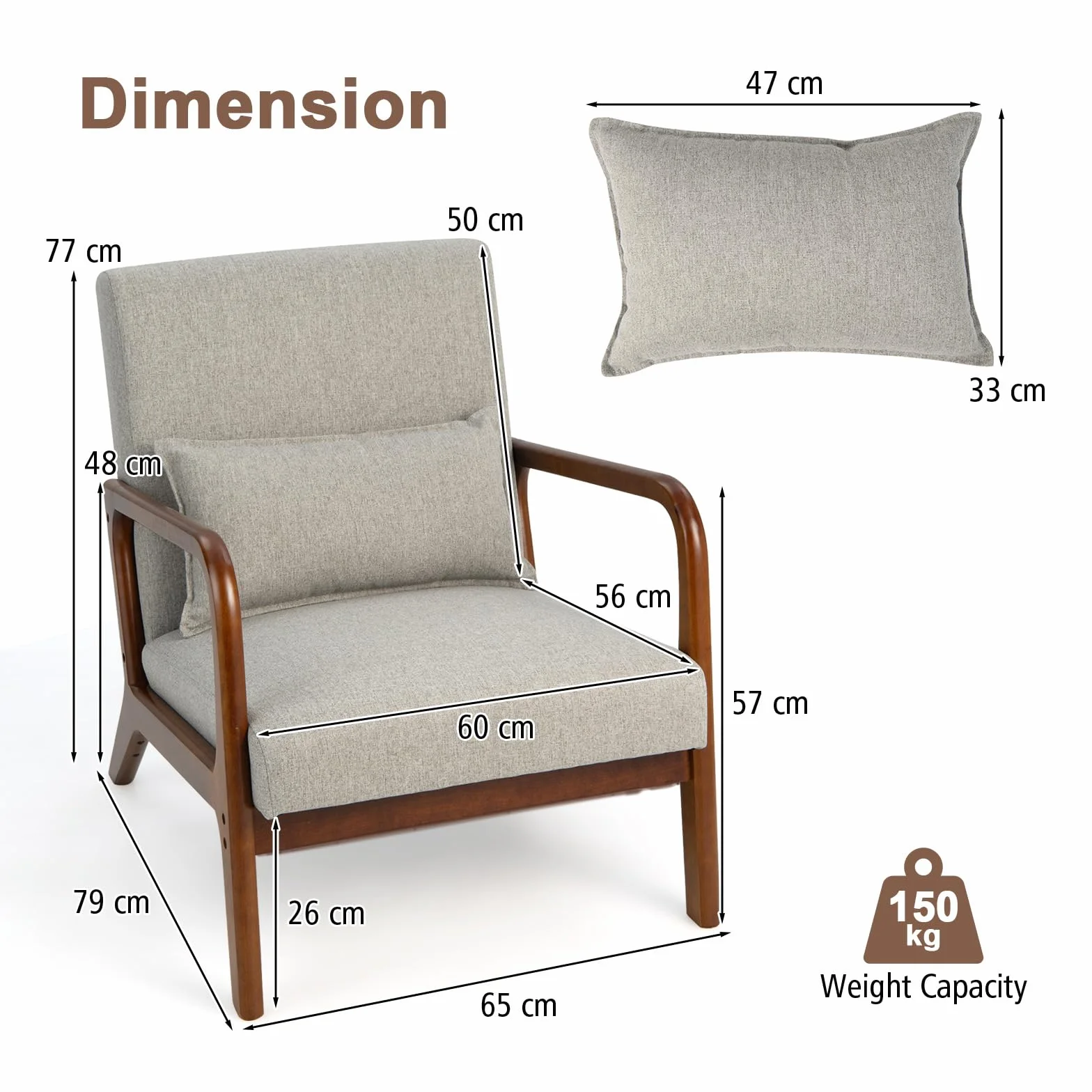HOMASIS Poltrona Relax in Legno con Cuscino e Schienale, Sedia Camera da Letto con Braccioli, Sedia da Lettura Imbottita con Portata di 150 kg, per Salotto, Ufficio, 79x65x77cm (Grigio)