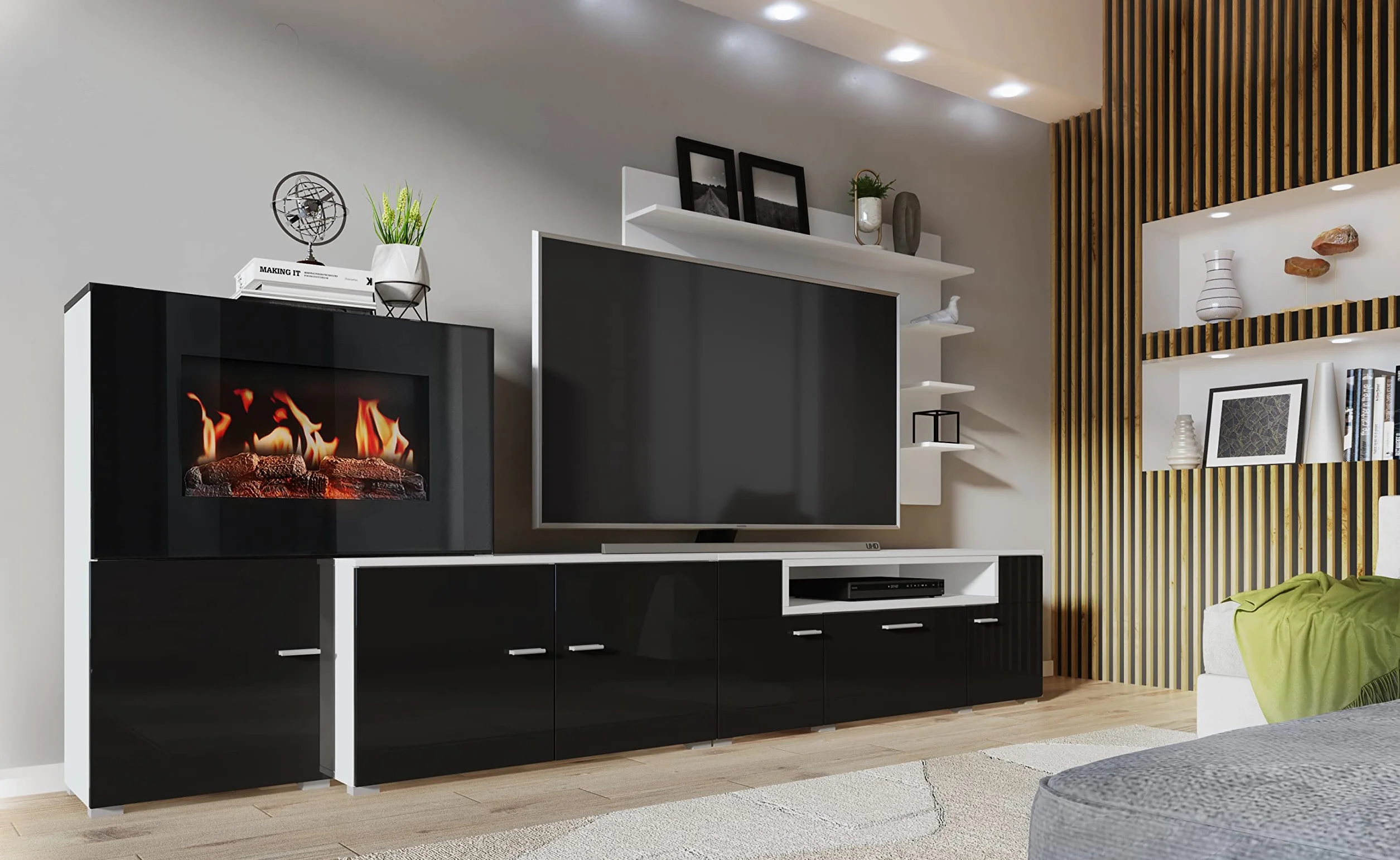 Skraut Home - Mobili per Soggiorno con Camino Elettrico - 170 x 290 x 45 cm - Sistema di Illuminazione LED Effetto Fiamma - Nuovo Modello Olympo - Stile Moderno - Finitura Bianco/Nero