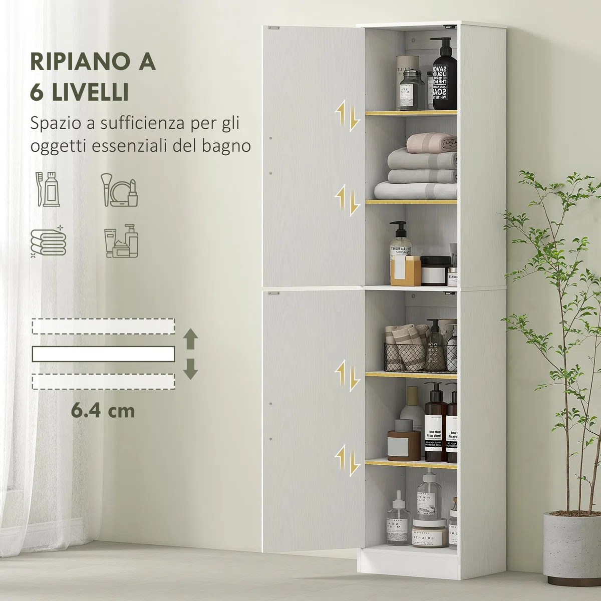 HOMCOM Mobile Bagno con 2 Armadietti e Ante, Colonna Bagno Salvaspazio con Ripiani Regolabili, per Sala da Pranzo, Salotto, Soggiorno, Cucina, 40x35x180 cm, Bianco