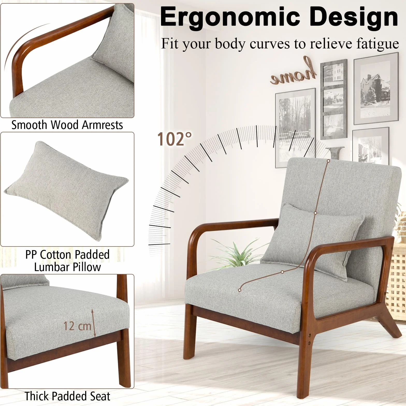 HOMASIS Poltrona Relax in Legno con Cuscino e Schienale, Sedia Camera da Letto con Braccioli, Sedia da Lettura Imbottita con Portata di 150 kg, per Salotto, Ufficio, 79x65x77cm (Grigio)