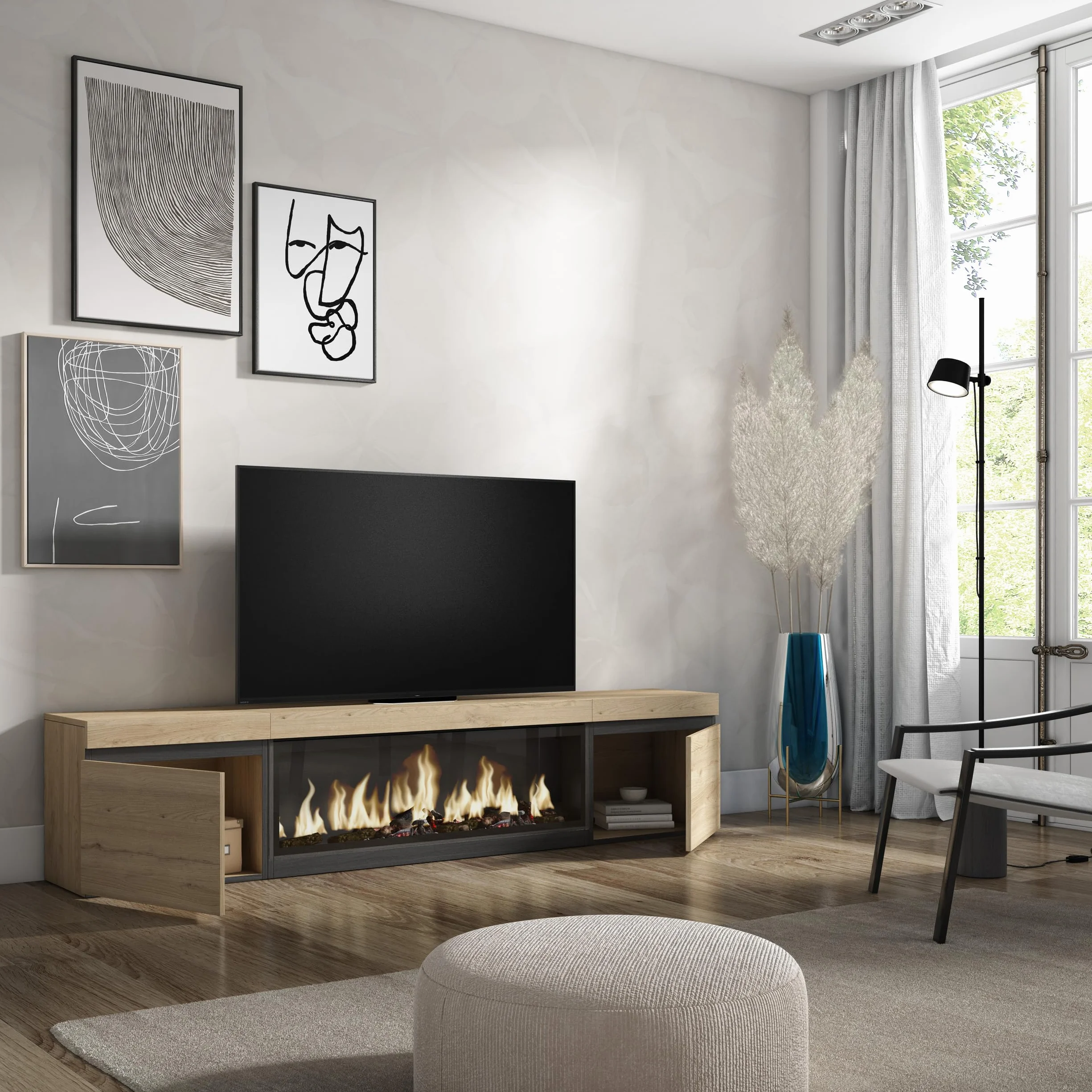 Skraut Home | Mobile TV Soggiorno | Ampio spazio a disposizione | 210 | Per TV fino a 80" | Camino elettrico XXL | Stile moderno | Rovere