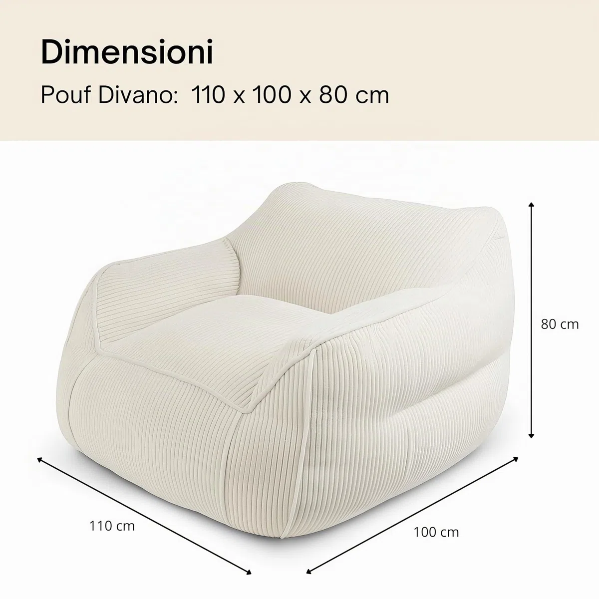bananair - Pouf Poltrona per Salotto e Camera - Tessuto in Velluto a Coste Morbido ed Elegante - Poltrona Sacco Generosamente Imbottito, Ideale per un Ambiente Accogliente (Bianco Sporco)