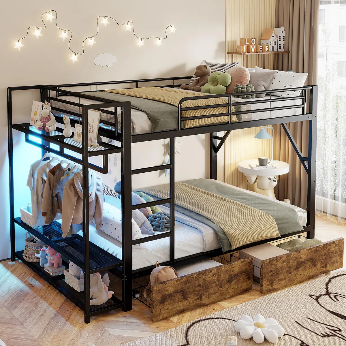 Lettino a soppalco 140 x 200 cm, letto a castello con 2 cassetti e diversi ripiani, con striscia luminosa a LED e asta appendiabiti, telaio in ferro, protezione dalle cadute, senza materasso