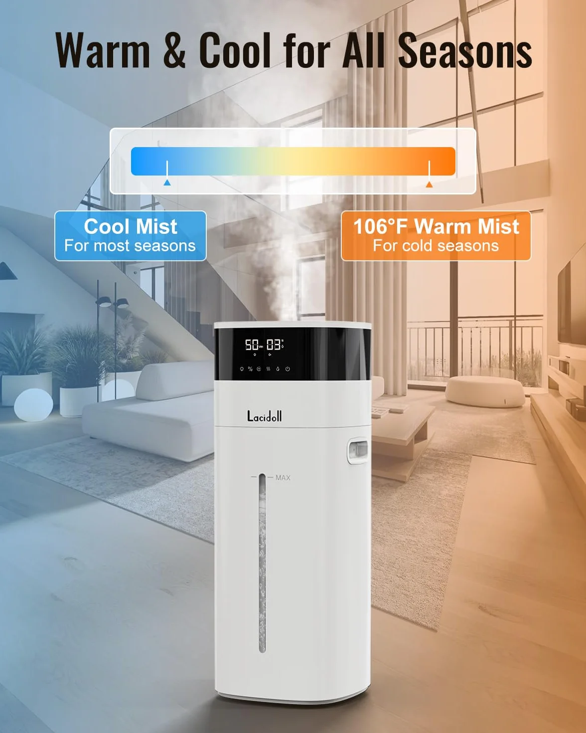 Umidificatore grande stanza, 5,3 Gal/20L Umidificatori a nebbia fredda e calda per la casa 3000 piedi quadrati, umidificatori per tutta la casa con diffusore e tubo esteso, umidificatori di