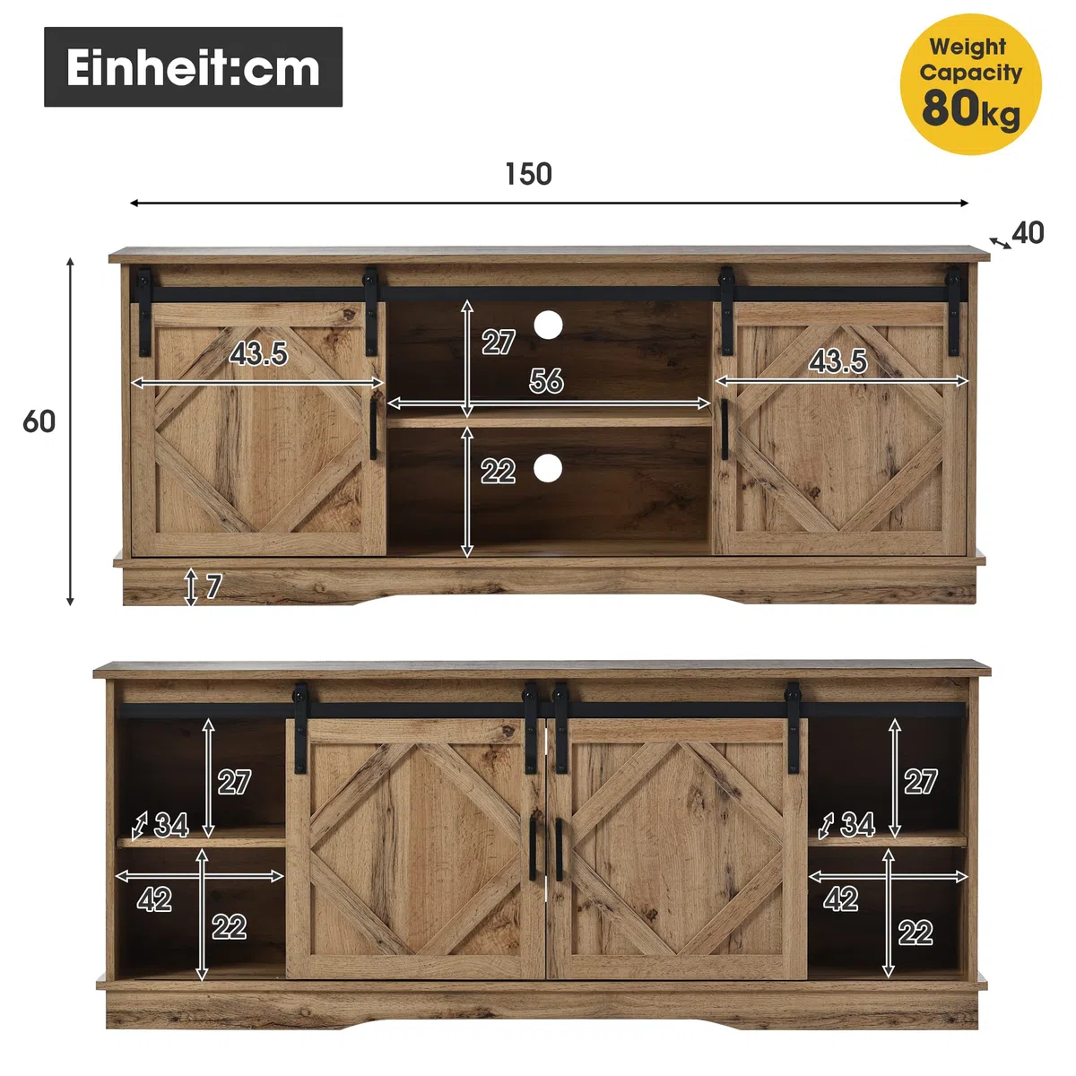 Grande mobile per TV, 150 x 40 x 60 cm, con 2 classiche ante scorrevoli, scaffali regolabili per soggiorno, sala da pranzo, casa di campagna, design moderno (marrone)