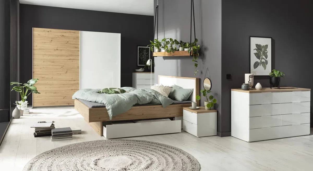 Composad | Camera da Letto Completa della Linea MUNDI, Set di 6 Mobili, Letto Matrimoniale, Armadio, Comodini, Cassettiera, Comò, Colore Rovere Mielato e Bianco Laccato, Made in Italy