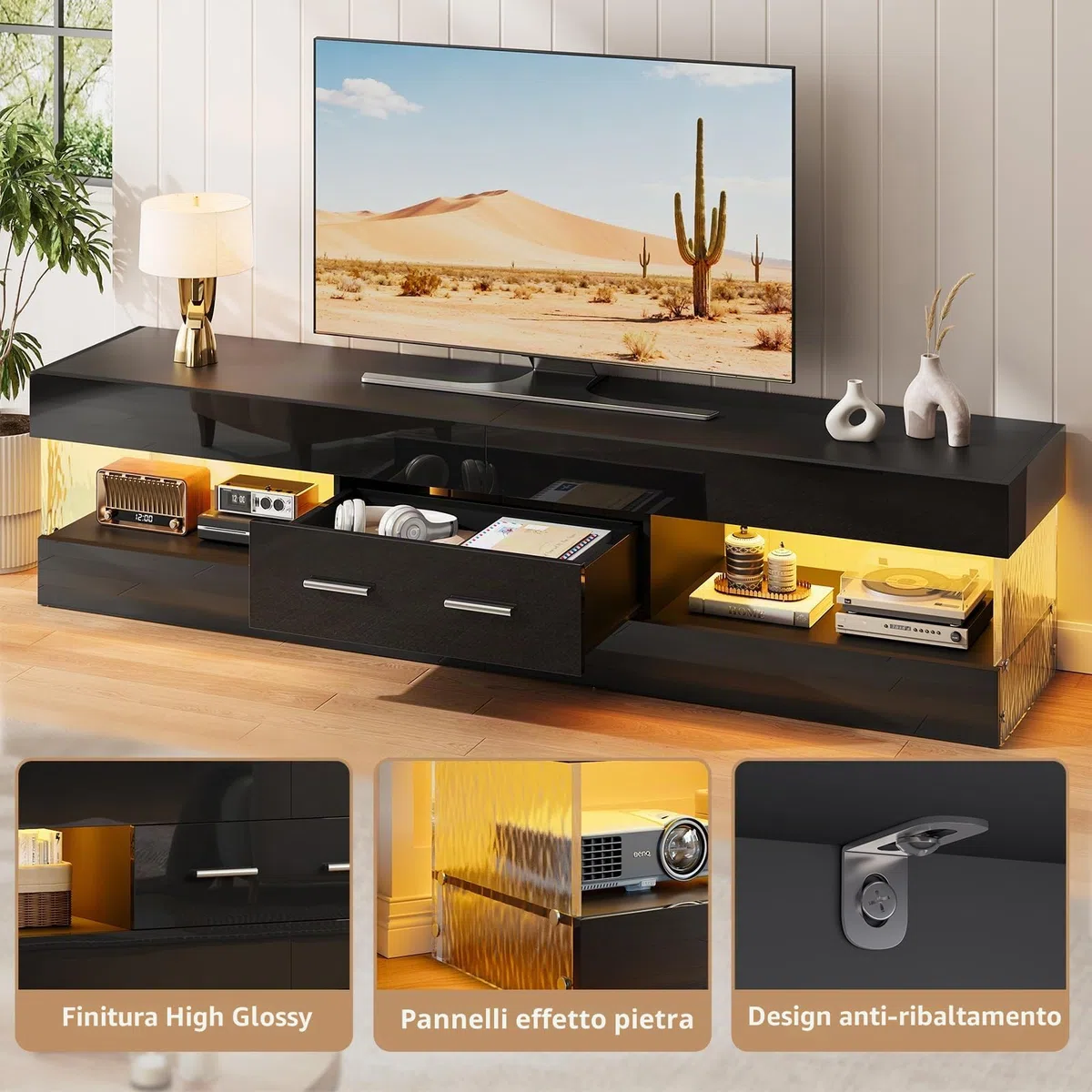 Bestier Mobile TV per TV da 75 pollici,moderno mobile TV laccato lucido,centro di intrattenimento a LED con ampio cassetto,consolle TV per soggiorno e camera da letto(nero)