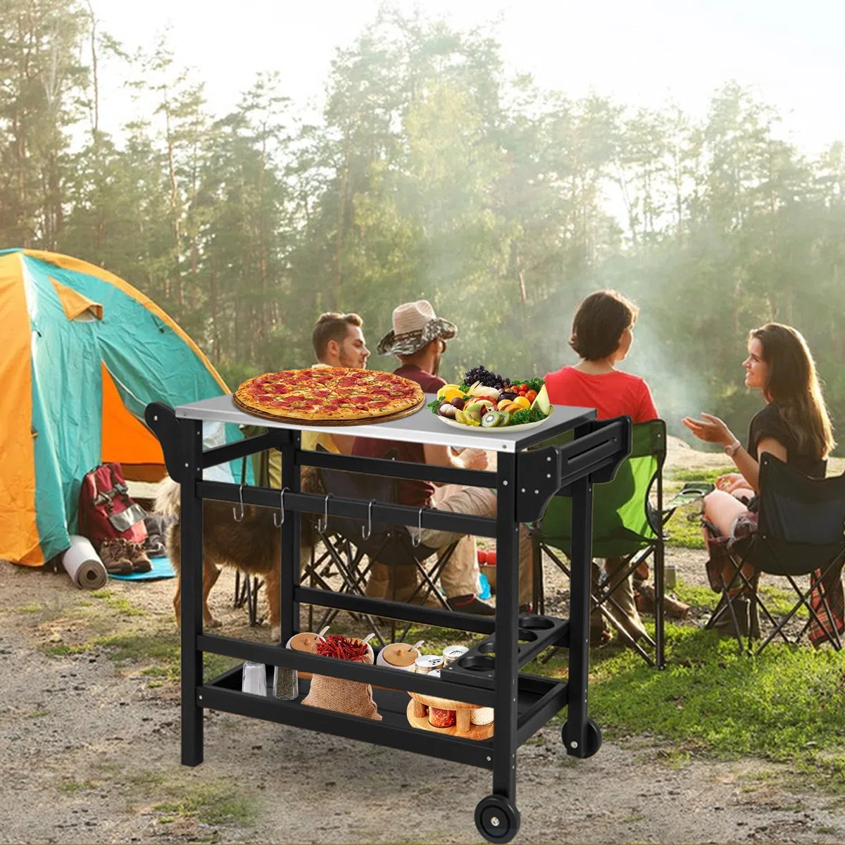 KOMFOTTEU Carrello per barbecue con piano di lavoro in acciaio inox, carrello da giardino in HDPE, carrello da portata con vassoio per spezie, scaffale per bottiglie di vino e gancio