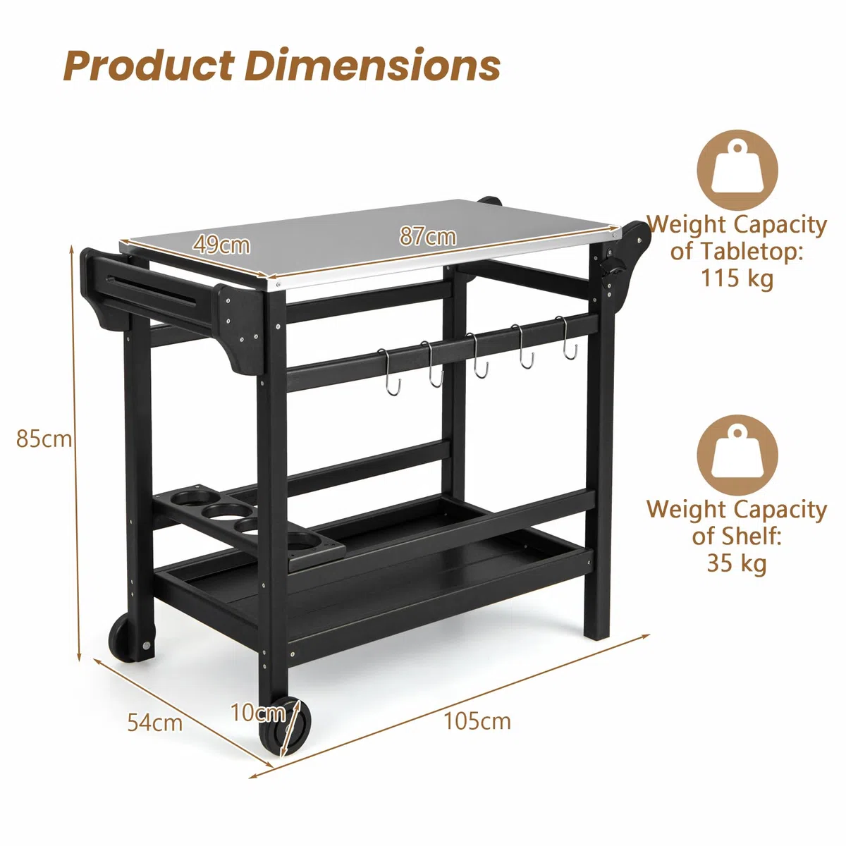 KOMFOTTEU Carrello per barbecue con piano di lavoro in acciaio inox, carrello da giardino in HDPE, carrello da portata con vassoio per spezie, scaffale per bottiglie di vino e gancio