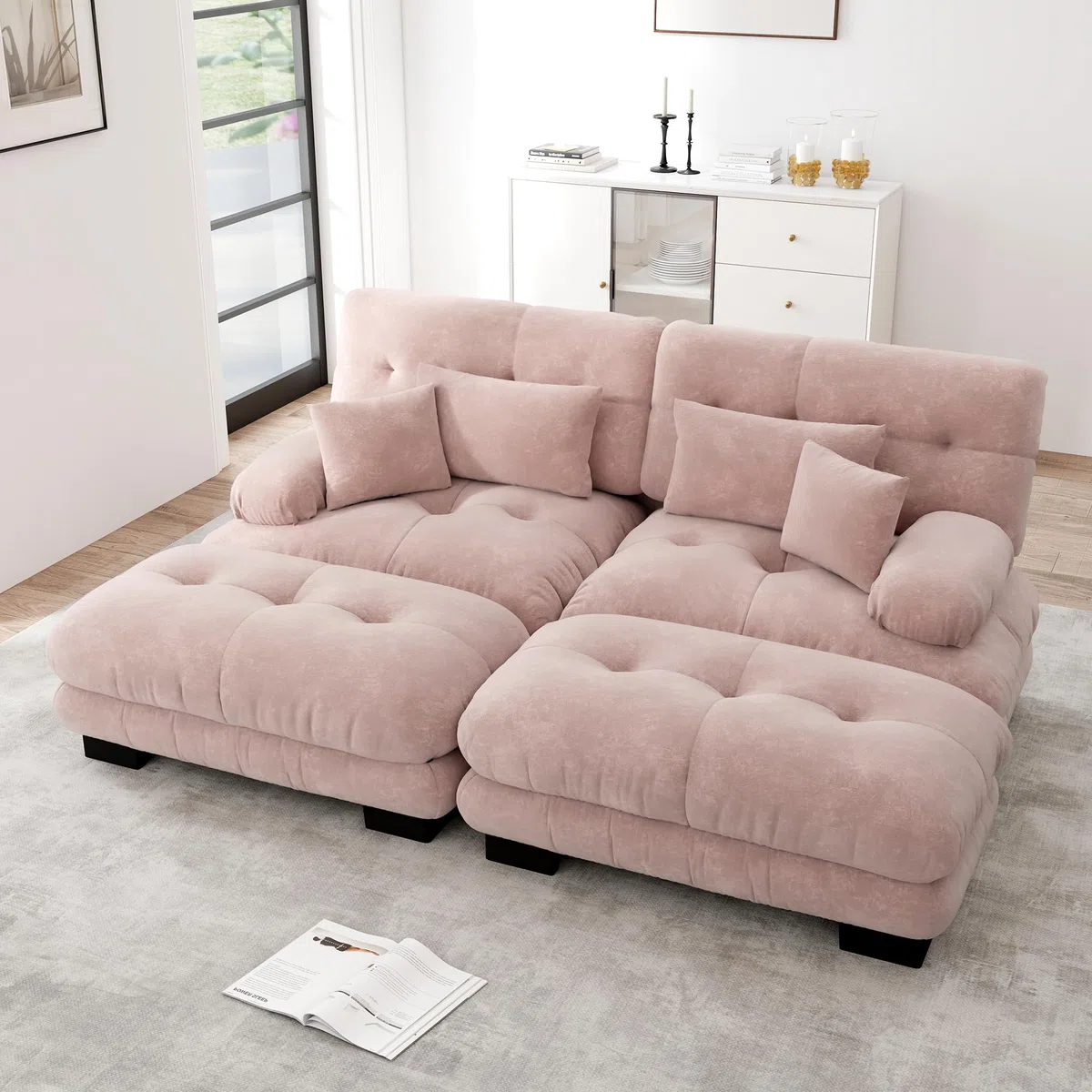 Cloud Divano angolare in ciniglia, 2 cuscini lombari, 2 cuscini decorativi, divano imbottito con braccioli larghi, 2 ottomani ciniglia rosa per soggiorno